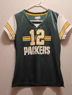 NFL Green Packers #12 Womans  Jersey Tee with White & Yellow Trim